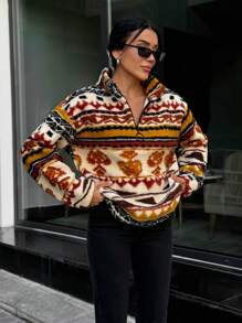 EURMUSE Geo Print Half Zip Drop Shoulder Sweatshirt - Multicolor - View 4