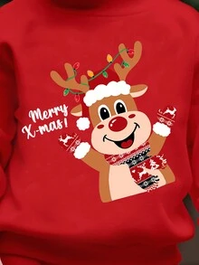 SHEIN 休闲男婴圣诞元素图案柔软针织加厚圆领卫衣，适合秋冬季穿着 - 紅色 - 查看 3