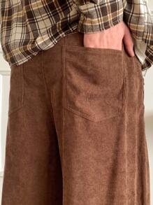 Mainfolk Celana Panjang Pria Tenun Kasual Warna Polos dengan Saku dan Tali Serut di Pinggang, Model Lurus, Modis & Nyaman - Coklat - View 6