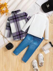 SHEIN Leap Crew 3 件套女婴格子衬衫、针织内衣和长裤套装，适合秋冬季的可爱套装 - 彩色 - 查看 9