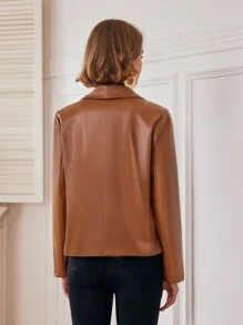 Chiquease Women Solid Color Shawl Neck Long Sleeve Faux Pockets Casual PU Leather Regular Jacket Fall Cloth For Women