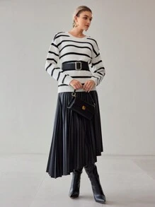 MOTF STRIPED PATTERN DROP SHOULDER OVERSIZE BUTTON DETAIL SWEATER WITHOUT BELT
