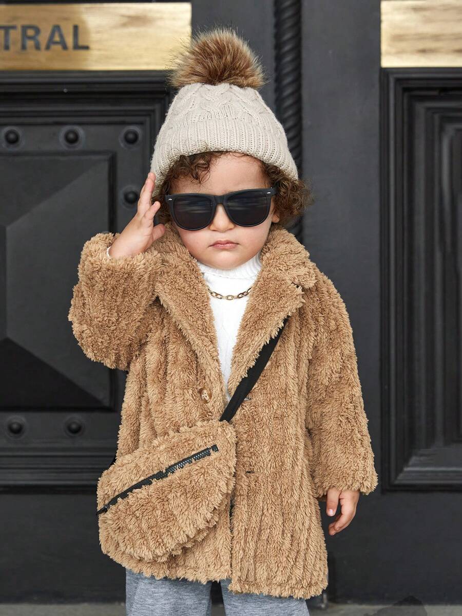 SHEIN 2pcs Baby Boys Warm Camel Thermal Lined Jackets,Soft Textured Fabric Reversible Zip-Up Mid-Length Winter Modest Date Outerwear With Ribbed Collar - Brown - View 1