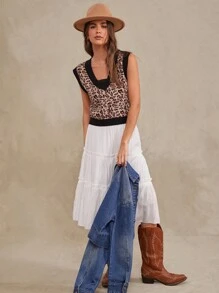 WESTFADE Leopard Pattern Cropped Sweater Vest