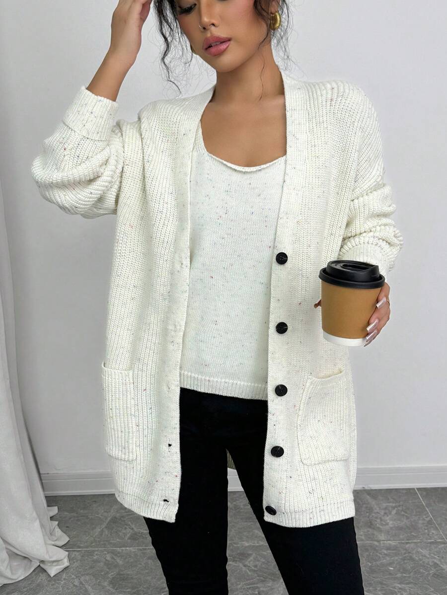 Chiquease Bộ 2 áo len cardigan hai túi đơn giản mùa thu cho nữ và áo len không tay - Màu be - Xem 1