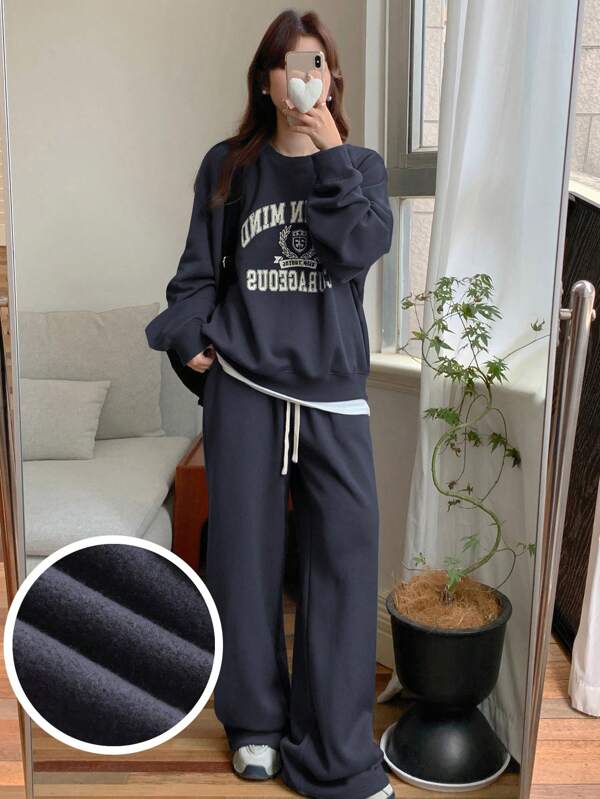 DAZY 2pcs/Set Women Letter Print Crew Neck Long Sleeve Top And Drawstring Waist Pants Casual Outfit