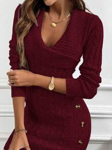 EMERY ROSE Collared Long Sleeve Knitted Sweater Dress, Comfortable Fall Winter Cloth For Women - Burgundy - View 7