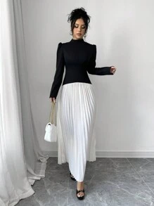 Elenzga Vestido plisado elegante con cuello alto y inserción para mujer, para otoño