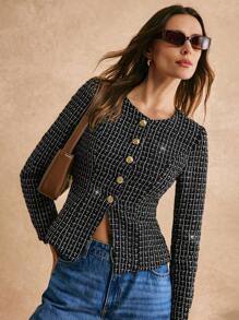 Poéselle 优雅休闲粗花呢夹克圆领装饰长袖纯色外套，秋季女装，FW24 - 黑色 - 查看 6