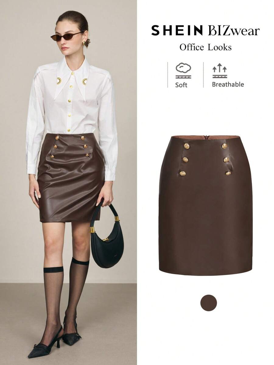 BizChic Váy da đi làm thanh lịch cho nữ mùa thu trang phục da - Cà phê nâu - Xem 1
