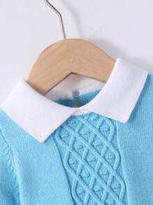 Baby Girl Stylish Cute Contrast Color Lapel Long Sleeve Jumpsuit Romper - Baby Blue - View 4