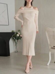 DAZY 1 pieza Vestido de suéter ajustado con hombros abiertos de unicolor para mujer, con volantes, ropa de otoño - Albaricoque - Ver 6