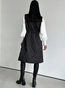 SHEIN Privé 1 pezzo Cappotto imbottito senza maniche con chiusura lampo in vita, con tasche, lunghezza ginocchio, comodo, casual e caldo, colore nero, adatto per l'inverno - nero - Visualizzare 2