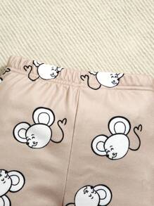SHEIN 2 件装男婴紧身长袖 T 恤和裤子套装，简单可爱的老鼠印花 - 卡其色 - 查看 3