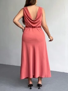SHEIN Clasi 大码纯色圆领无袖开衩下摆休闲连衣裙 - 橘色 - 查看 2