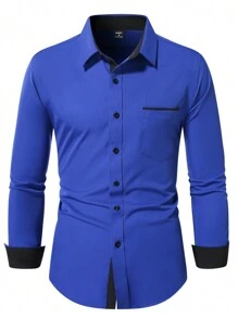 Manfinity Mode Men's Casual Business Style Patchwork Pocket Long Sleeve Shirt, Spring/Autumn