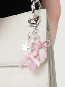 ROMWE Kawaii 1pc Ins Style Cute Girl's Elegant High-Quality Silver Chain Faux Pearl Pink Ribbon Acrylic Bowknot Star Keychain, Suitable For Women And Girls, Daily Wear And Festival Gift Valentines