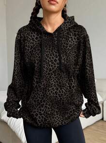 Flirla Sudadera con capucha casual de manga larga con estampado de leopardo
