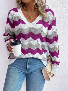 Plus Size Women Wavy Stripe V-Neck Long Sleeve Casual Sweater, Autumn, For Winter Knit Pullover Fall Sweater - Multicolor - View 3