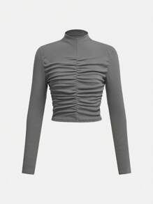 SHEIN Teenage Girls' Versatile Casual Dark Grey Two-Sided Fleece Stand Collar Ruched Long Sleeve T-Shirt - Dark Grey - View 1