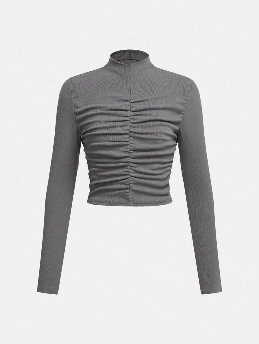 SHEIN Teenage Girls' Versatile Casual Dark Grey Two-Sided Fleece Stand Collar Ruched Long Sleeve T-Shirt - Dark Grey - View 1