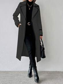 SHEIN Clasi Women Fashion Long Sleeve Coat, Mid-Length With Contrast Trim, Autumn/Winter - Dark Grey - View 4