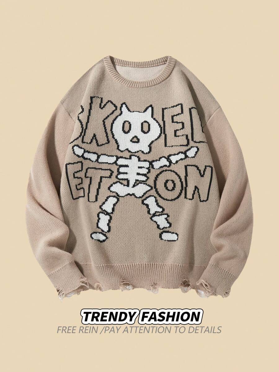 Manfinity Roghcode Men's Casual Cartoon Letter Pattern Distressed Sweater, Autumn - Apricot - View 1