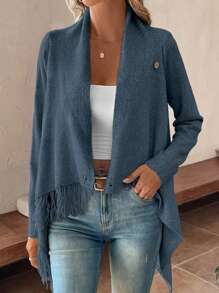 SHEIN LUNE Cárdigan asimétrico de manga larga con cuello caído, cruce, envoltorio y decoración con flecos, unicolor