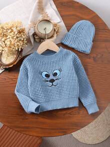 Baby Boys Waffle Knit Sweater, Thick Soft Warm Wear, Cute Cat Embroidery Pattern, Includes Matching Hat, Suitable For Autumn/Winter Home, Travel, Party And Playing With Kids - Dusty Blue - View 1