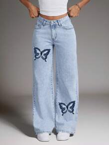 Women Butterfly Print Washed Low Waist Straight Leg Jeans - Light Wash - View 1