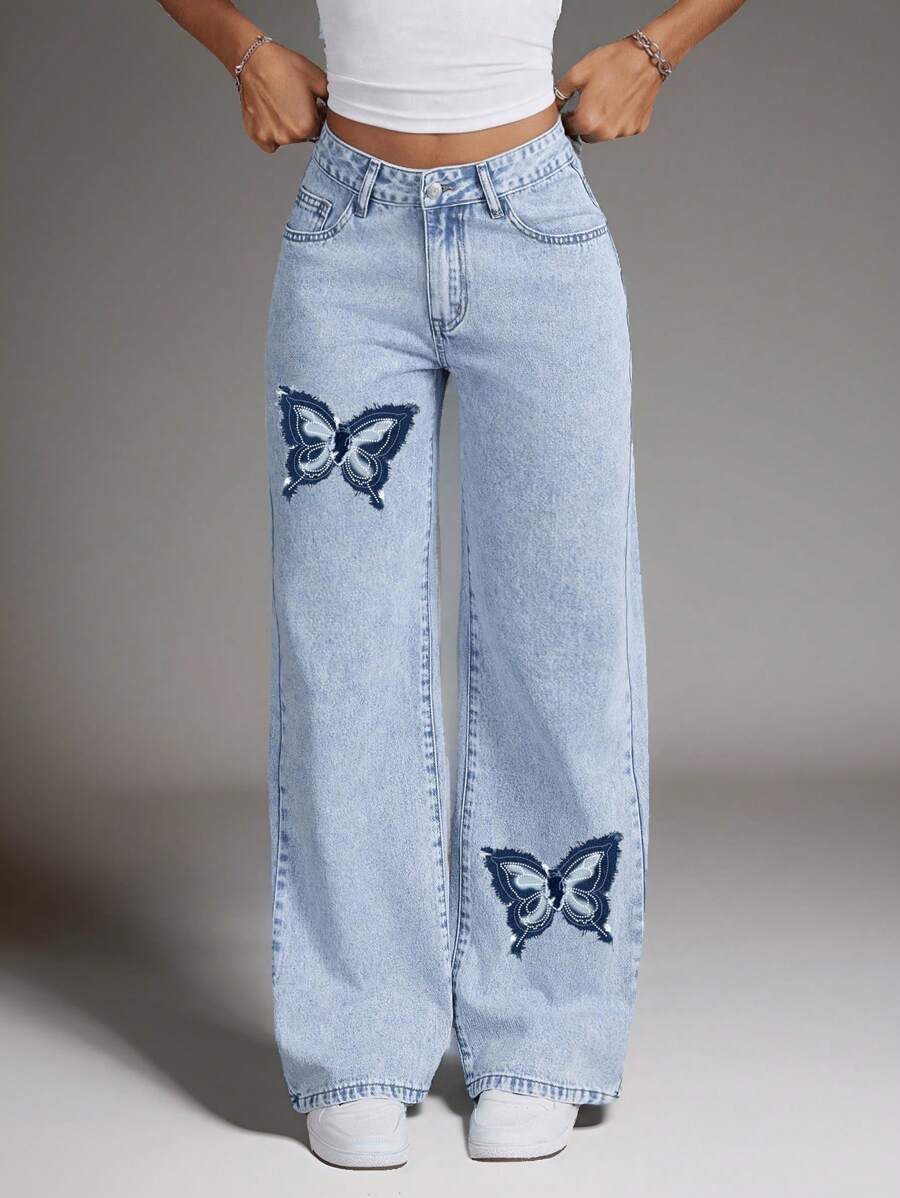 Women Butterfly Print Washed Low Waist Straight Leg Jeans - Light Wash - View 1