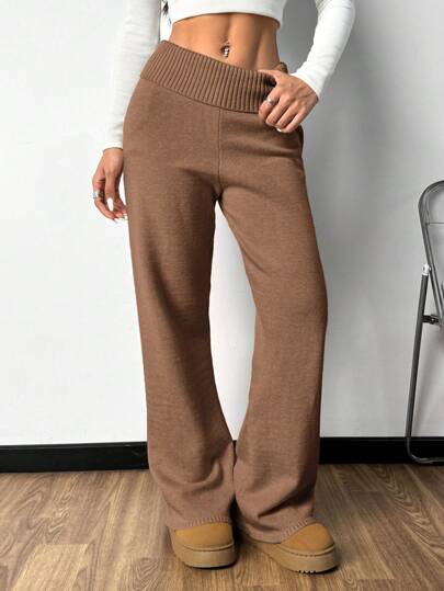 SHEIN EZwear Pantalones largos de punto de talle alto con bajo acampanado en color marrón para otoño/invierno
