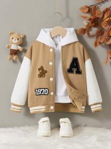 SHEIN Young Girl Woven Color Block Cute Bear Letter Pattern Loose Varsity Jacket,Autumn,Career Day,Back-To-School,Winter Casual Daily Wear School Jacket - Multicolor - View 2