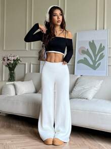SHEIN EZwear Pantalones casuales tejidos de cintura elástica y unicolor cálidos y gruesos para mujeres