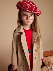 PrepCrw Vestido corto con mangas largas de unicolor con detalle fruncido para niña joven - Rojo - Ver 4