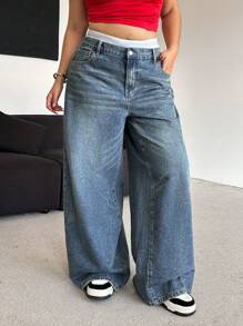 Dripcurv Quần jeans denim xanh cổ điển giặt sạch cỡ lớn dành cho nữ, quần jeans ống rộng rộng rãi, trang phục năm mới - Màu xanh lam - Xem 4