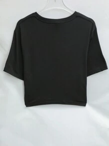 SHEIN EZwear 女士标语印花圆领短袖短款休闲 T 恤图案 T 恤女式上衣 - 黑色 - 查看 2
