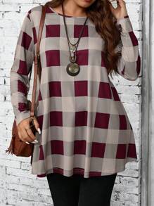 EMERY ROSE Plus Size Women Casual Plaid Print Long Sleeve T-Shirt, Autumn - Burgundy - View 3