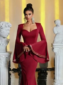 Glamrae Vestido de noche elegante de fishtail color borgoña con hombros acolchados, escote corazón, mangas de volantes dramáticas, contraste de cinta dorada lujosa, adecuado para todas las ocasiones formales, fiestas formales, bailes de graduación, invitados de bodas, graduación, cenas - Burdeos - Ver 5
