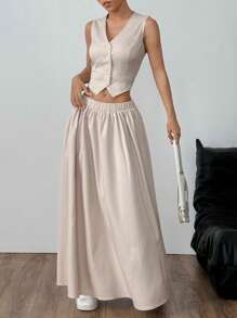 Flirla Women's Simple Solid Color Front Button Waistcoat And Skirt Suit Set, Casual For Summer - Apricot - View 4