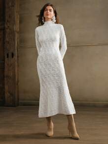 Anewsta Elegantes Weihnachten Jacquard Stehkragen Bodycon transparentes Fischhaut Maxikleid für Frauen