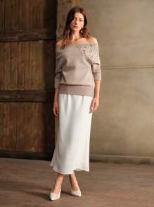 Anewsta Elegante suéter hecho a mano con hombros descubiertos y cuentas, jersey de punto de otoño e invierno - Gris - Ver 6