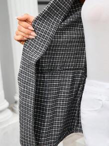 SHEIN Clasi Women's Brown Fine Plaid Pleated 3/4 Sleeve Elegant Blazer Jacket, Suitable For Autumn/Winter, Fashionable For Commute And Daily, Warm And Versatile - Black - View 7