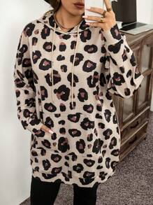 SHEIN LUNE Plus Size Fall/Winter Clothes Leopard Print Pocket Hoodie Holiday Outfit