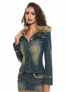 ROMWE Grunge Punk Y2K Vintage Distressed Wash Patchwork Fluffy Collar Denim Jacket - Blue - View 3