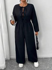 SHEIN Frenchy 大码女式纯色长袖前系带蝴蝶结连体裤，秋季