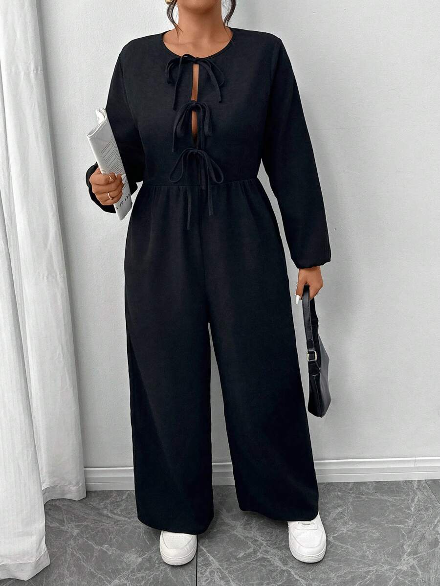 SHEIN Frenchy 大码女式纯色长袖前系带蝴蝶结连体裤，秋季