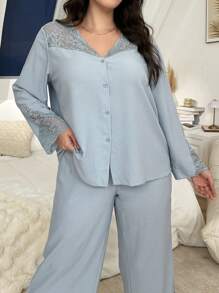 大码女式蕾丝拼布 V 领长袖上衣和裤子睡衣套装、服装、秋装 - 藍色 - 查看 4