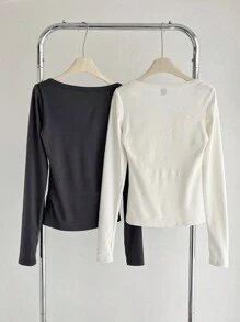 SHEIN BASICS 2 件套纯色 V 领长袖修身女式 T 恤 - 彩色 - 查看 2