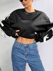 SHEIN EZwear Áo nỉ cổ tròn dài tay giản dị rộng rãi thắt nơ, áo dài tay - màu đen - Xem 3